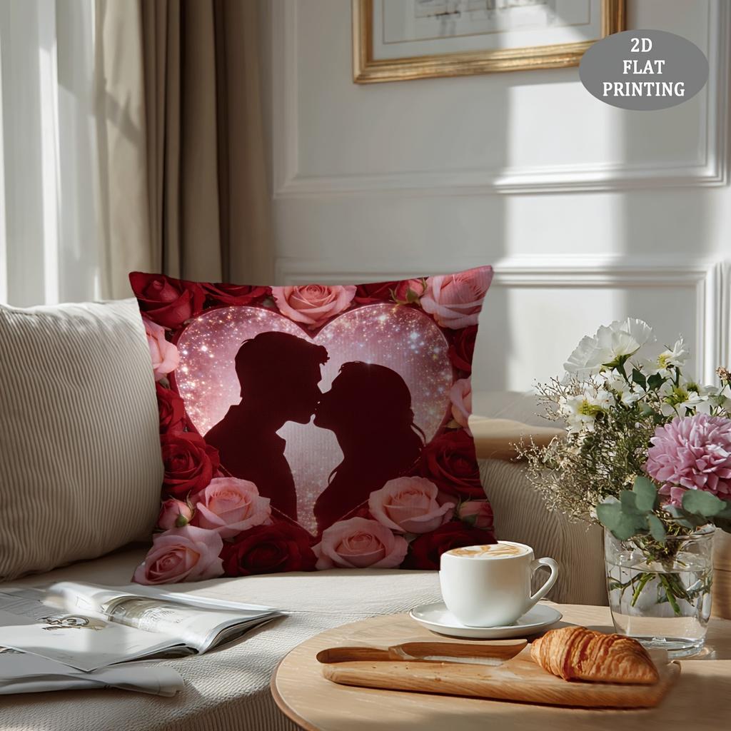 1pc Red Heart-Shaped Petal Pattern Plush Throw Pillow Cover | 2D Flat Printing, Single-Sided, 18x18 inch, Suitable for Sofa and Living Room Decor