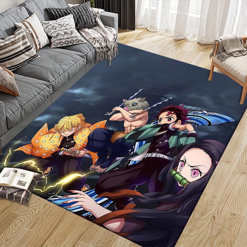 Demon Slayer2 Flannel Pattern Square Carpet,Area Rug,Carpet Rug for Living Room Bedroom Sofa Playroom Decor,Non-slip Floor Mat