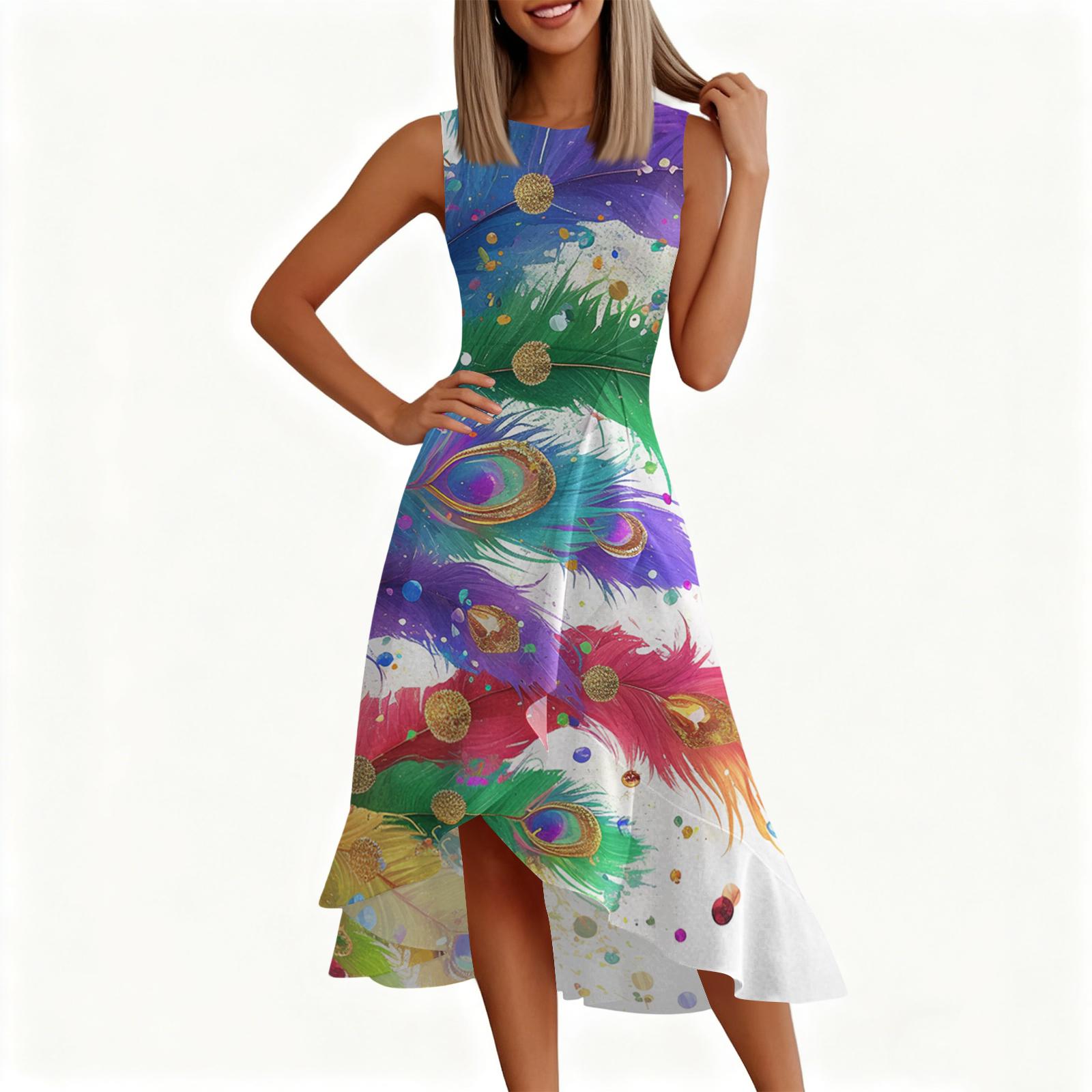 

Женское модное повседневное платье без рукавов с круглым вырезом, принтом, оборками и молнией S