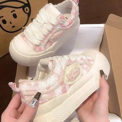 Damenschuhe 2025 Frühling Neue Kollektion Dicke Sohle Runde Zehenpartie Canvas Freizeit-Board-Schuhe Damen