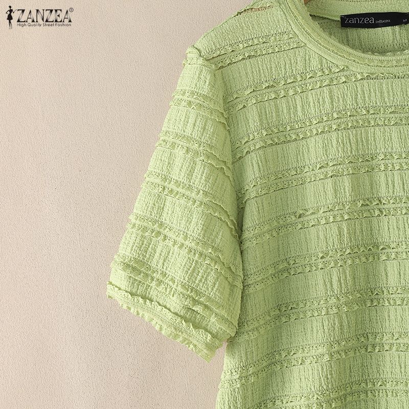 ZANZEA Women Casual Round Neck Solid Color Loose Short Sleeve Blouse