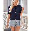 Women European Style Short Sleeve Button Front Cropped Round Neck Knitted Cardigan Sweater