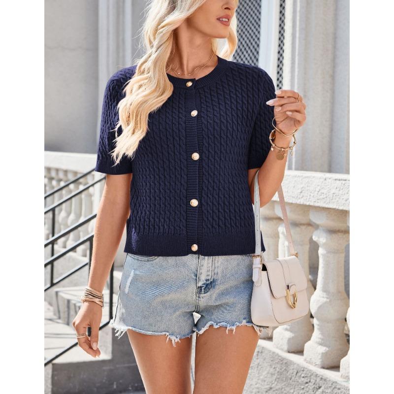 Women European Style Short Sleeve Button Front Cropped Round Neck Knitted Cardigan Sweater