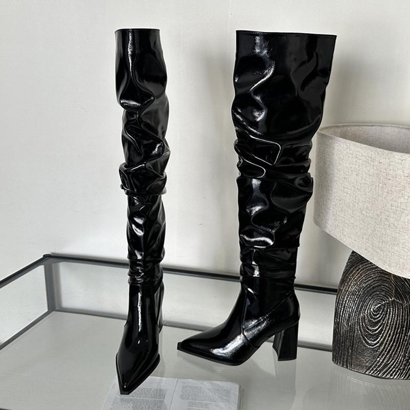 Moda Liyke Zimowe Uliczne Seksowne Botki Damskie za Kolano ze Szpiczastym Noskiem Buty do Tańca Buty Damskie za Udo Modne Niskie Kwadratowe Obcasy Botas Mujer