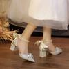 Casual Fashion Pearl One Word Wedding Single Shoes Summer New Pointed Toe Shallow Slip Rhinestone Bow Square Heels