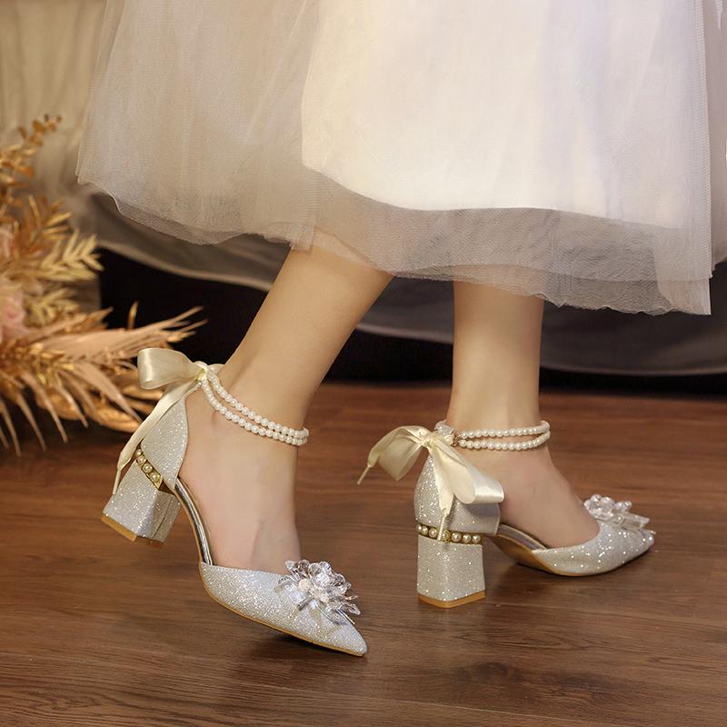 Casual Fashion Pearl One Word Wedding Single Shoes Summer New Pointed Toe Shallow Slip Rhinestone Bow Square Heels