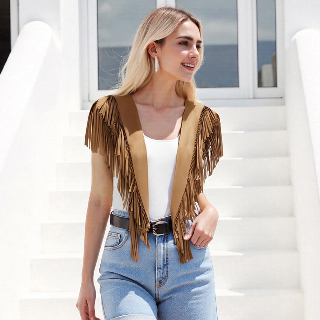 Damen Wildleder Quasten Weste 70er Jahre Hippie Outfit Ärmellos Offene Vorderseite Weste Western Kragen