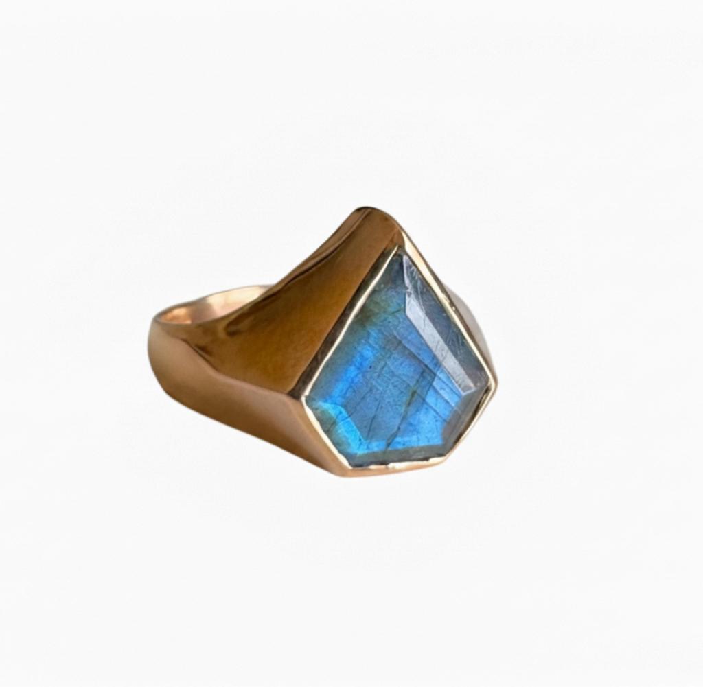 Blue Labradorite Ring, 925 Solid Sterling Silver, Diamond Cut Signet Ring, Pure Copper Unisex Jewelry