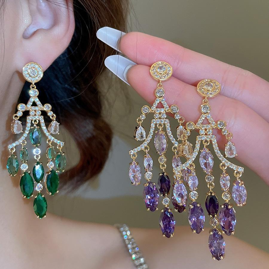 French Court Style Silver Needle Zircon Rectangular Earrings Exquisite Light Luxury High-end Stud Earrings Exaggerated Earrings Women