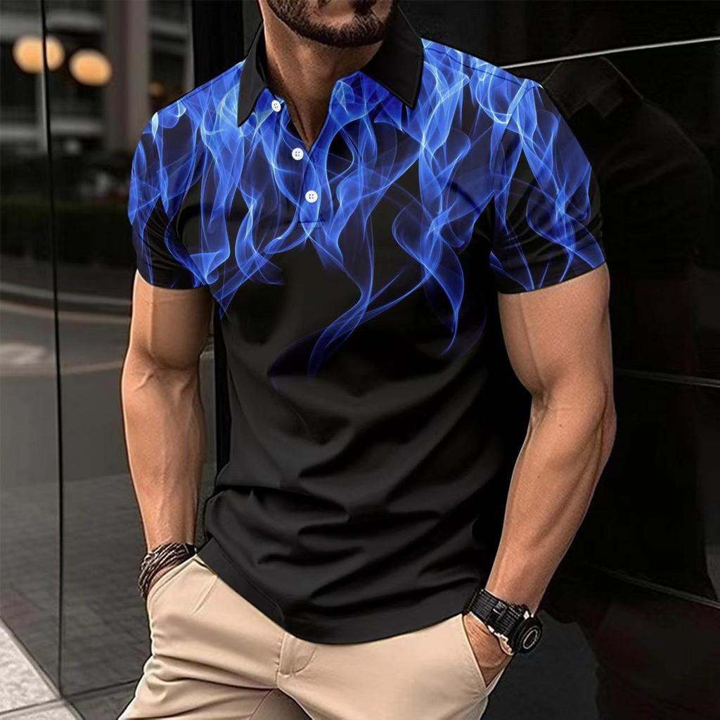 New Men's Casual Polo Shirt Lapel Button Down Business Digital Printing Slim Tops