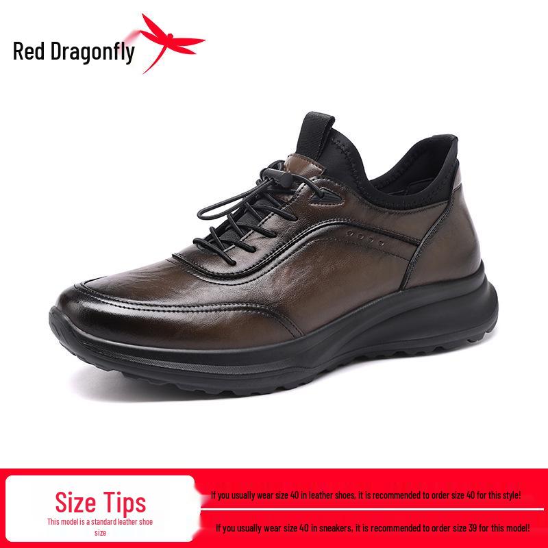 Red Dragonfly Men's Waterproof Leather Sports Shoes, Spring 2026: Thick Sole, Height-Boosting, Commuting & Travel Footwear.