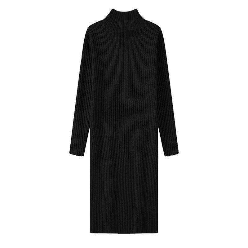 Women's Autumn & Winter Wool Knit Dress - Half-High Collar, Loose Long Sleeve, Mid-Length Base Layer Over the Knee.