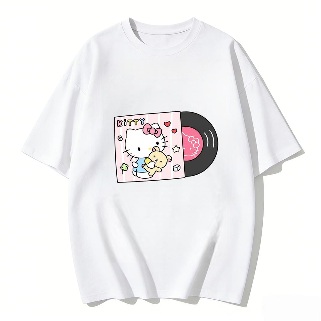 2026 Summer Hello Kitty Cartoon Printed Short Sleeve Pure Cotton Tshirt Womens Family Matching Outfits Classic Fashion Tee Top