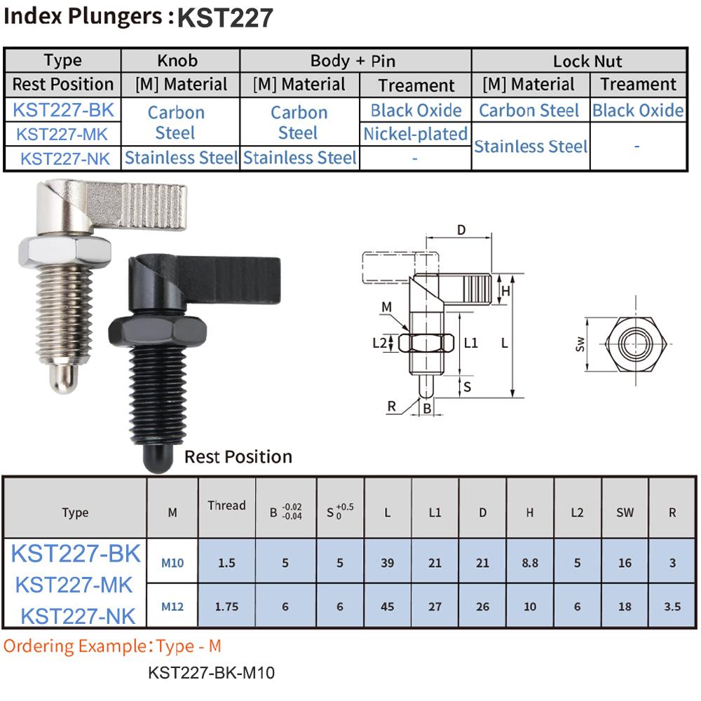 

L-образная ручка с круглой головкой, быстрозажимные и отжимные индексные болты, установочные штифты, индексные плунжеры кулачкового действия с рычажными гайками 1pc KST227-MK-M10