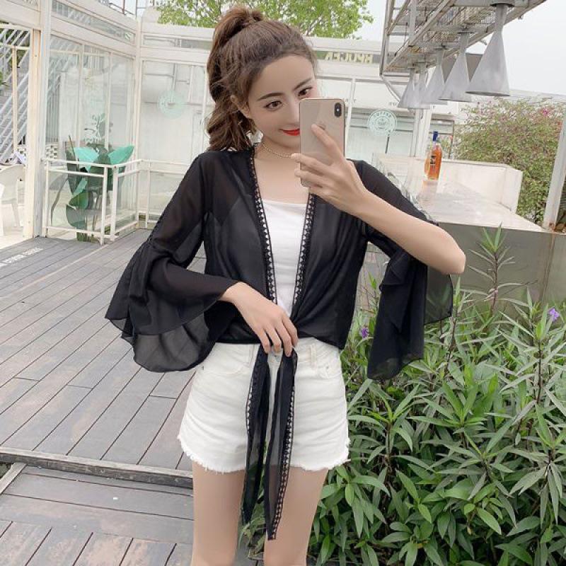 

Women s Chiffon Sun Protection Cardigan - Loose, Versatile, Bell Sleeve, Trendy Outerwear Small чёрный