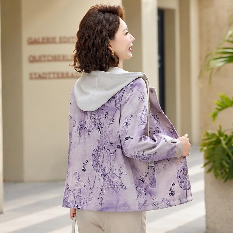 

Spring Printed Hooded Jacket for Middle-Aged Women - Casual Windbreaker Top 4XL (135-150 lbs)