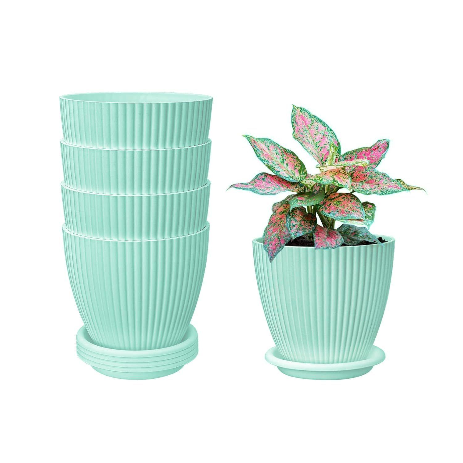 

Plastic Round Flower Pots with Tray for Home Planters, Terrace, Garden Etc | Pack of 05 | Blue | Size 6.5 Inch | for Home Indoor & Outdoor