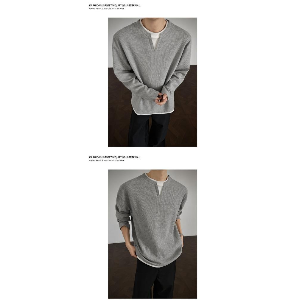 Fake Two Long Sleeved T-shirts, Men's Spring and Autumn Trend, Waffle Style Loose Fit, Bottom Layer, Simple Casual Top