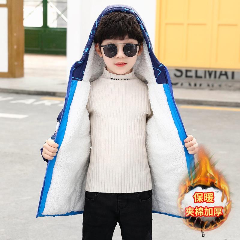 Boys Thickened Fleece Lined Hooded Windbreaker Kids Winter Outerwear