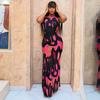 European and American Style Women's Clothing Hollow Waist Printing Temperament Design Hip Skirt Color Matching High Neck Sleeveless Long Dress
