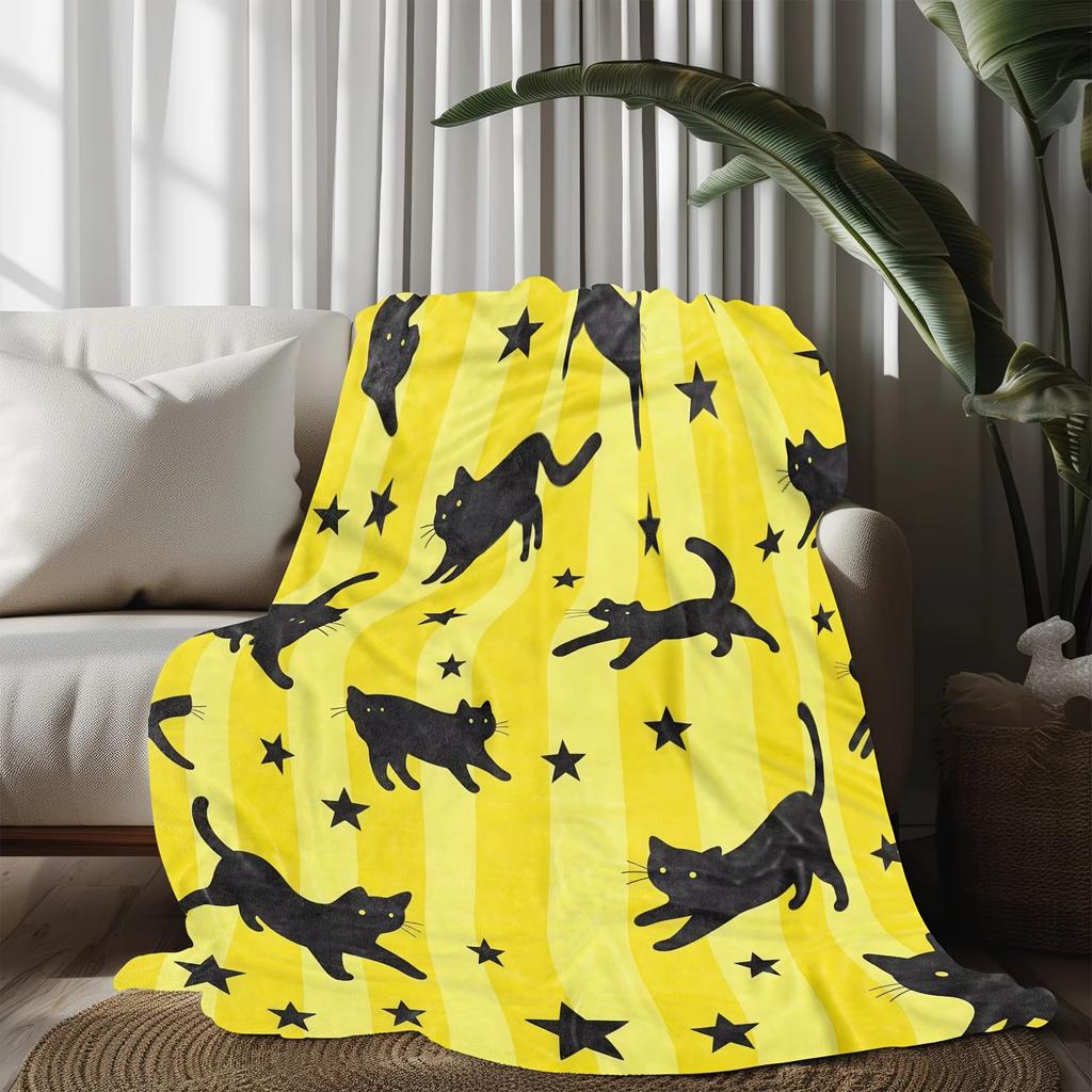 Cozy Black Cat Stars Flannel Blanket Soft Breathable All Season Machine Washable Perfect Gift For Cat Lovers