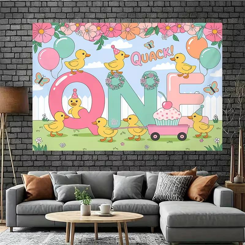 2D "ONE" Duck Birthday Tapestry, Yellow Duck Party Background