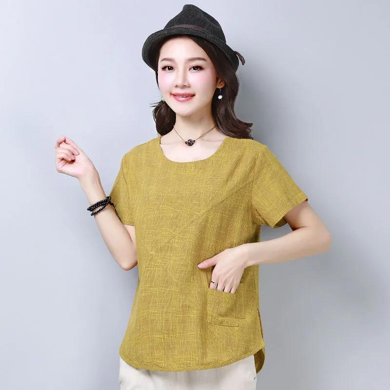 Women's Summer Blouses Vintage Linen Cotton Women Tops Blouses Short Sleeve Women Shirts Women Loose Clothing Blusas 2127