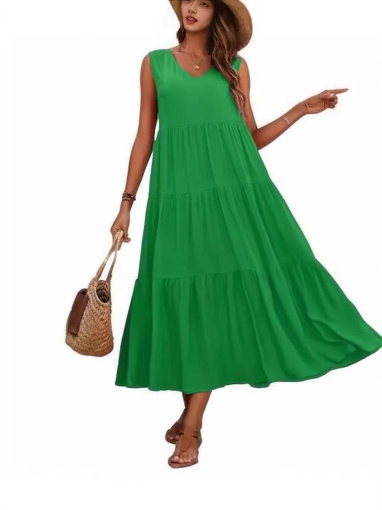 2026 European & American Elegant V-neck Layered Hem Solid Color Holiday Dress