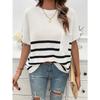 Tops Women's Elegant Round Neck Striped Contrast Short-sleeved Sweater