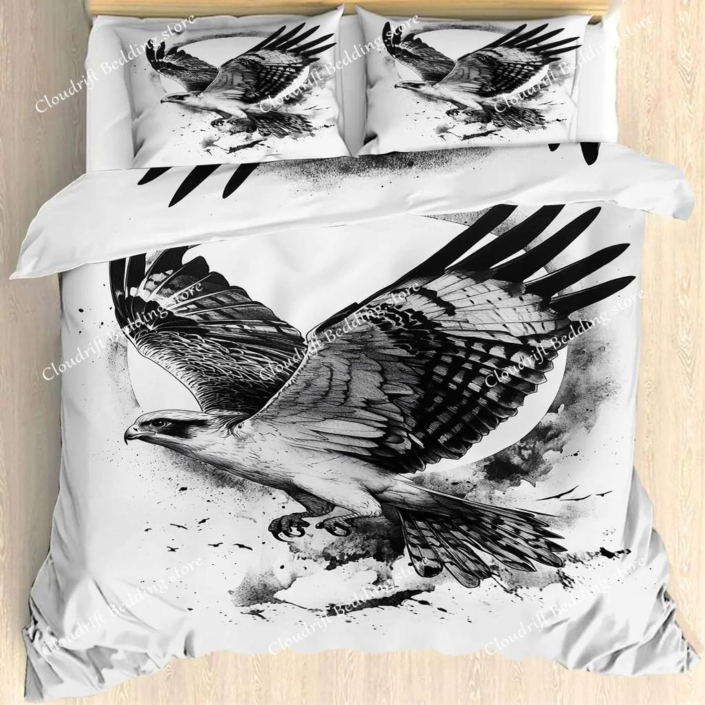 3D Eagle Duvet Cover, Dirt Bike Bedding Set For Kids Teens Adult Room Decor, Motocross Animals Black Printed Comforter Covers