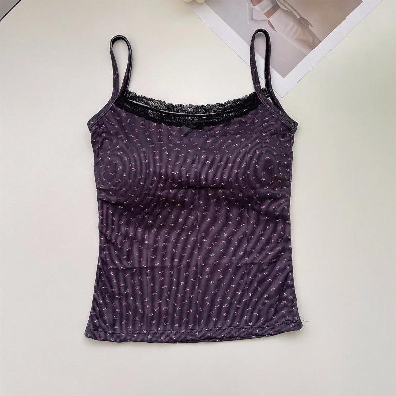 Summer Print Crop Tops for Women Bow Lace Camisole Sexy Backless Vest with Padded Basic Tank Top Bm Style Streetwear