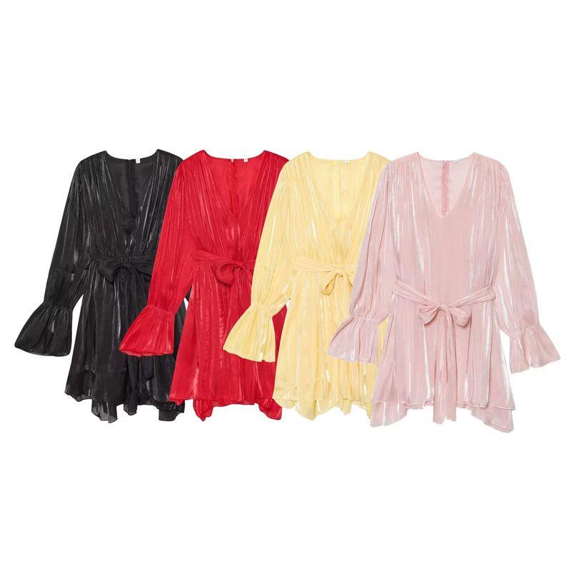 Kaslead New Women clothes Western Style Fashion Simple Loose Long sleeve V-neck Lace-up Dress