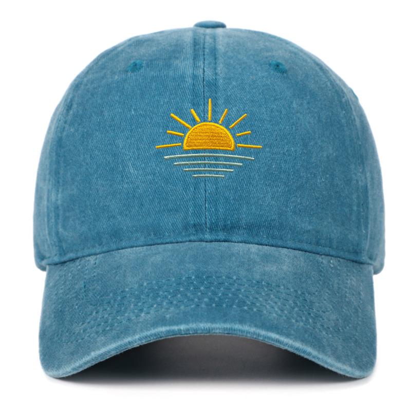 Unisex Vintage Washed Baseball Cap - Embroidered Beach Sunrise, Breathable & Sun Protective for Summer Outdoor Activities