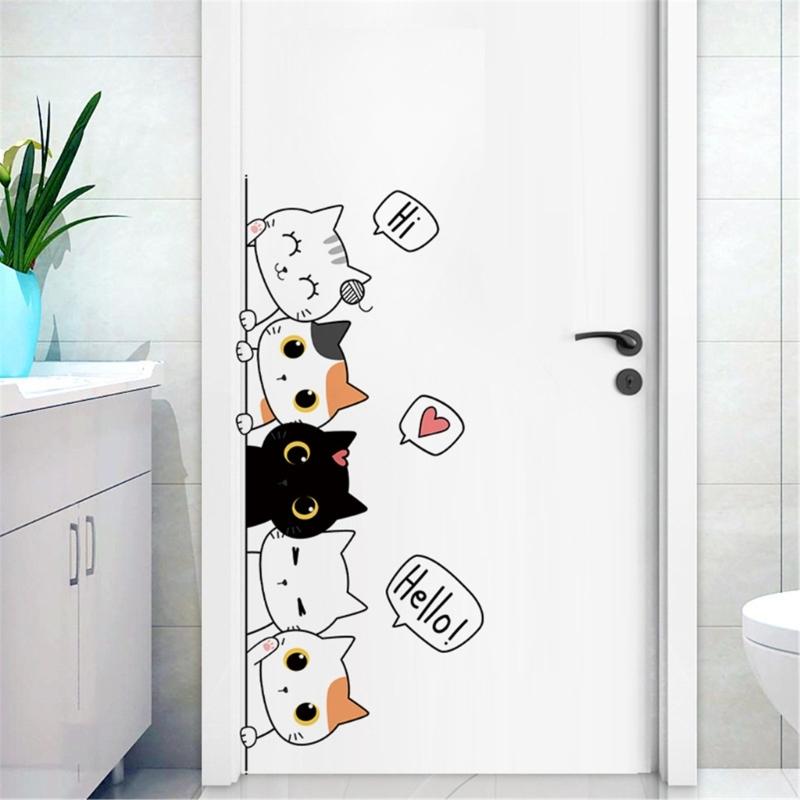 Cartoon Kitten Stacking Door Sticker for Kids Room Nursery Decors Easy to Apply Removable PVC Decal Wall Decoration