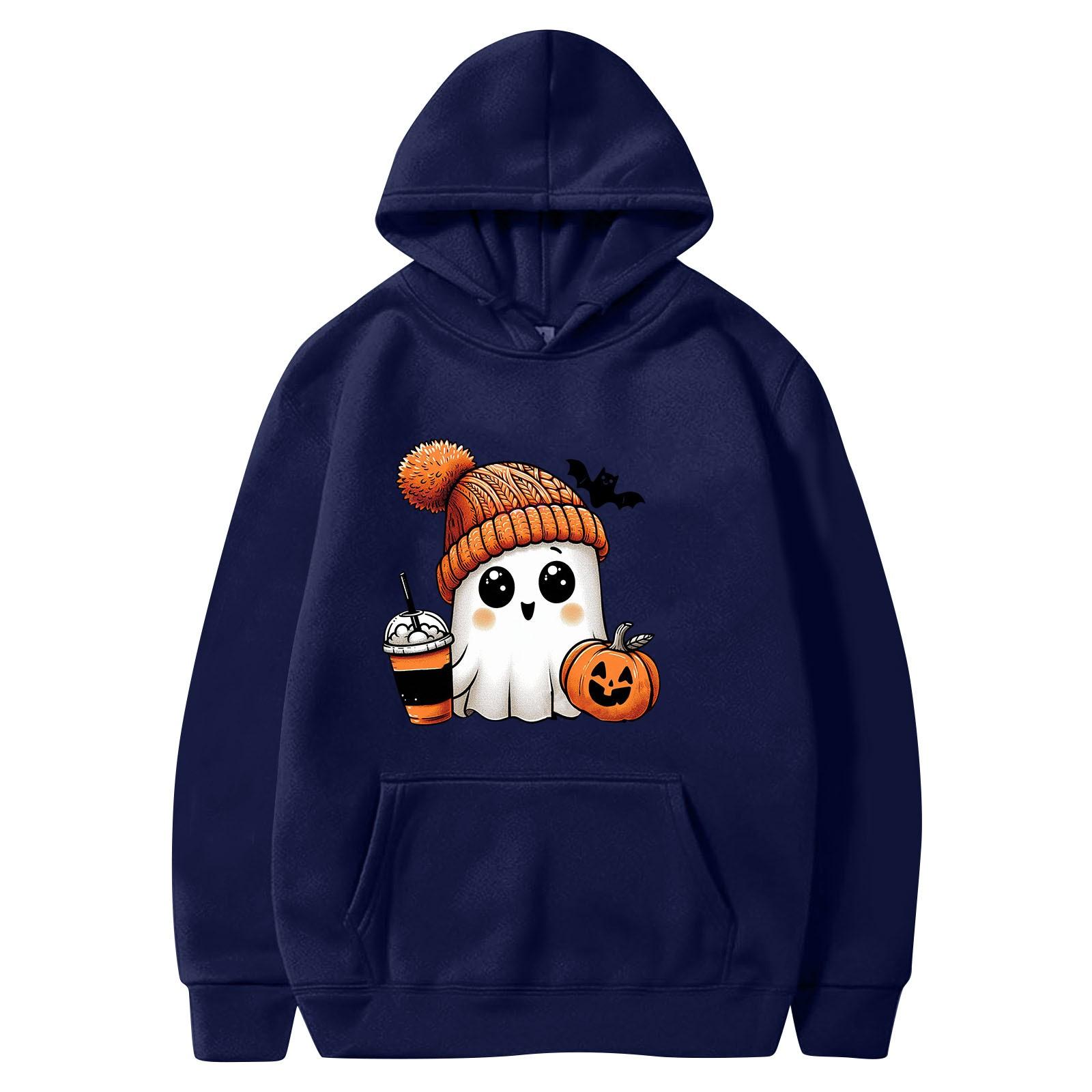 Женская однотонная толстовка с капюшоном с длинным рукавом и принтом на Хэллоуин S тёмно-синий