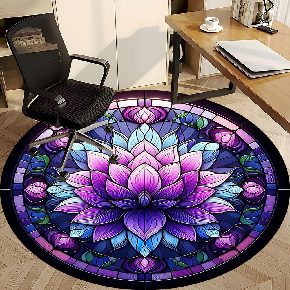 1pc Lotus StainedGlass Office Round Area Rug, Under Office Chairs Bedroom Living Room Home Decor, Room Deco