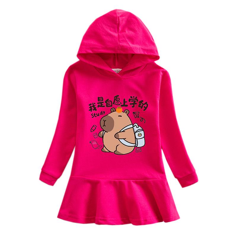 Girls' Ruffle Rainbow Hoodie Dress - Long Sleeve, Pleated, Princess Style