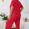 Women's Plus Size Heart Print Pajama Set with Round Neck and Short Sleeves for Spring and Autumn