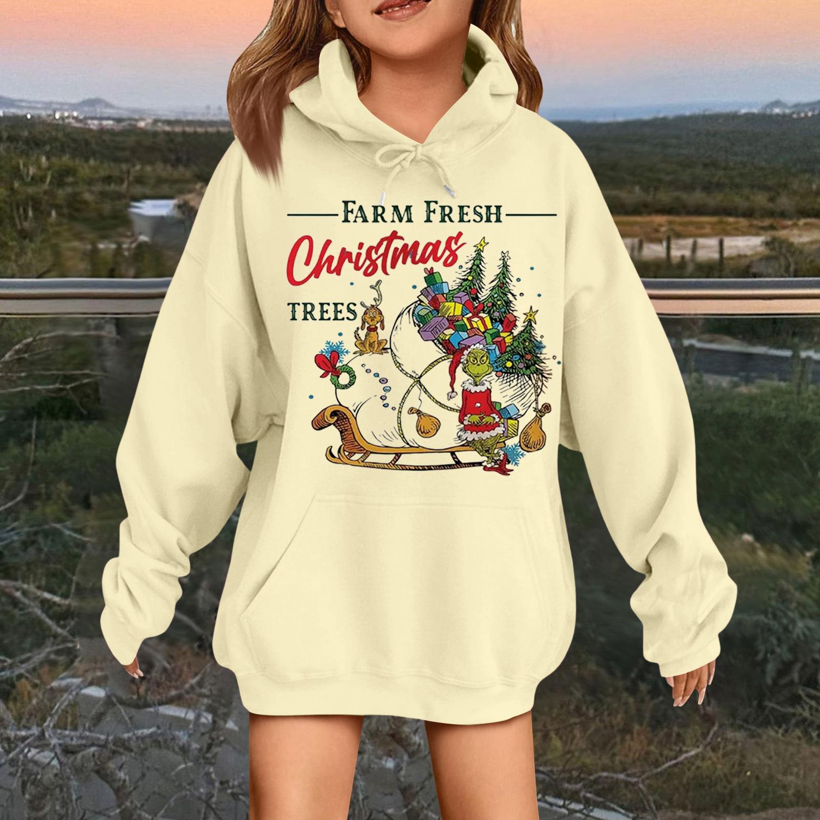 

Детская модная повседневная толстовка с капюшоном свободного кроя с длинными рукавами и рождественским принтом 110 бежевый