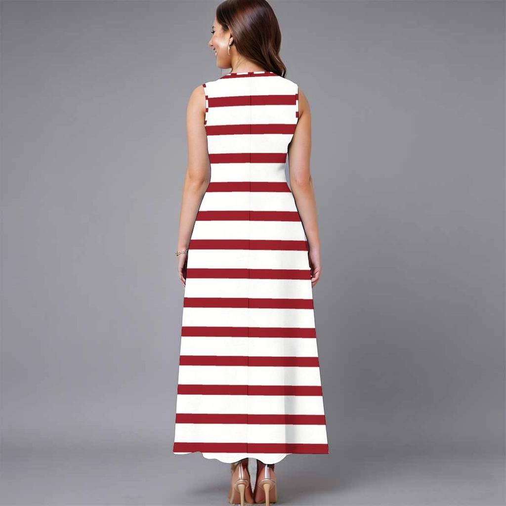 Oversized Women Sleeveless Round Neck Dress Striking Large Floral Pattern Loose Calf Length Gown