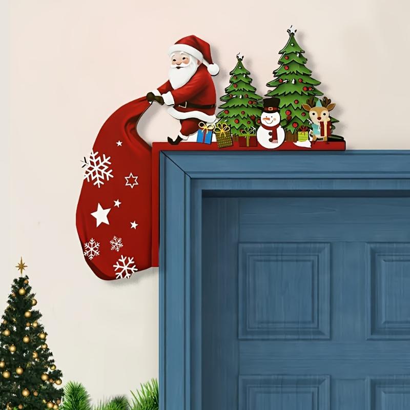 1/2Pcs Antique Wooden Christmas Door Corner Decoration Santa Claus With Reindeer And Snowman Holiday Party Decorations