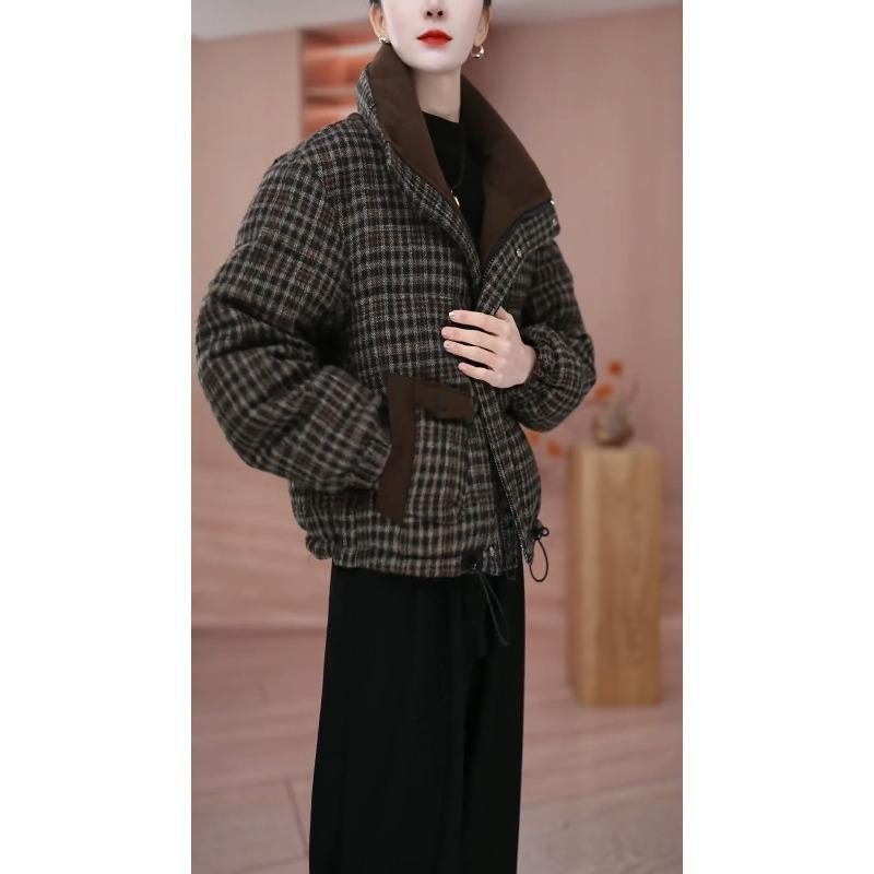 Thickened Warm Winter Plaid Cotton Jacket for Women Loose Casual Slimming Versatile Basic Outerwear Padded Coat