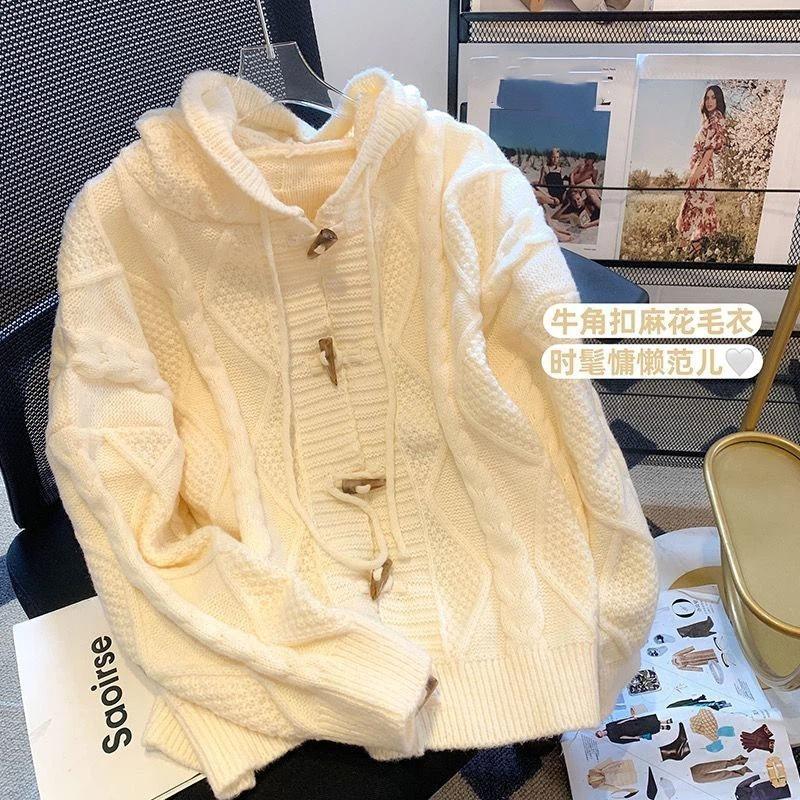Lazy Horn Button Knitted Jacket Women's Autumn Winter New Warm Soft Waxy Loose Retro Niche Sweater Cardigan