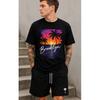 Men's Black Short-sleeve T-shirt with Vibrant Tropical Sunset Graphic Featuring Palm Trees and 'Brooklyn' Script, Soft Cotton Feel, Relaxed Fit, Crew