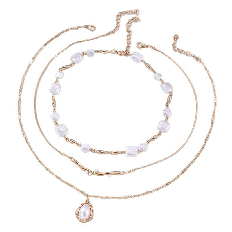 Geometric Artificial Pearl Pendant Necklace For Women With Multilayer Chain Summer Style