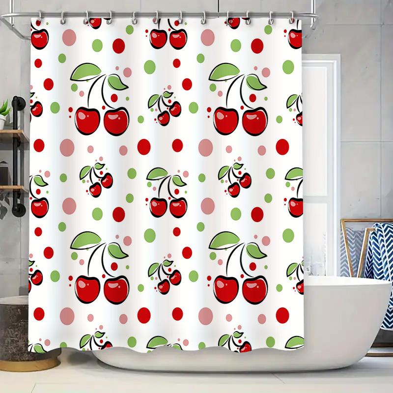 Modern Bathroom Shower Curtain Decorative with Cherry Print Red Green Polka Dots Polyester Fabric Water Resistant Home Decor Ite