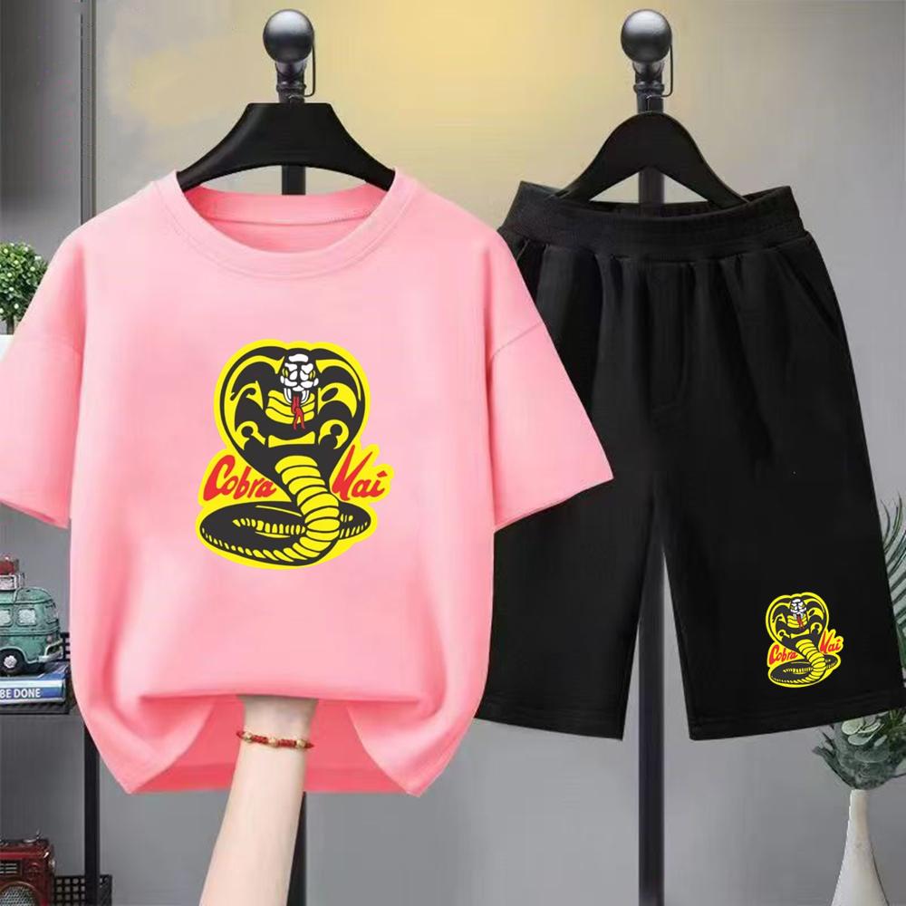 Summer T-shirt+shorts Anime snake Print Boy Black Girl Sets Tshirt kids Tops Casual Tees round Neck short-sleeved top