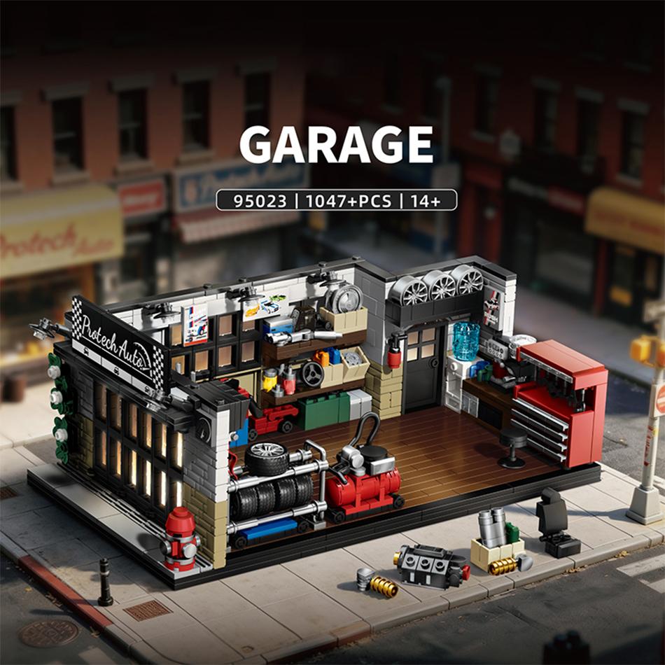 1047 Teile Technische Retro Amerikanische Garage Szene Straßenansicht Bausteine Stadt Speed Racer Auto Reparaturwerkstatt Steine Spielzeug Geschenk