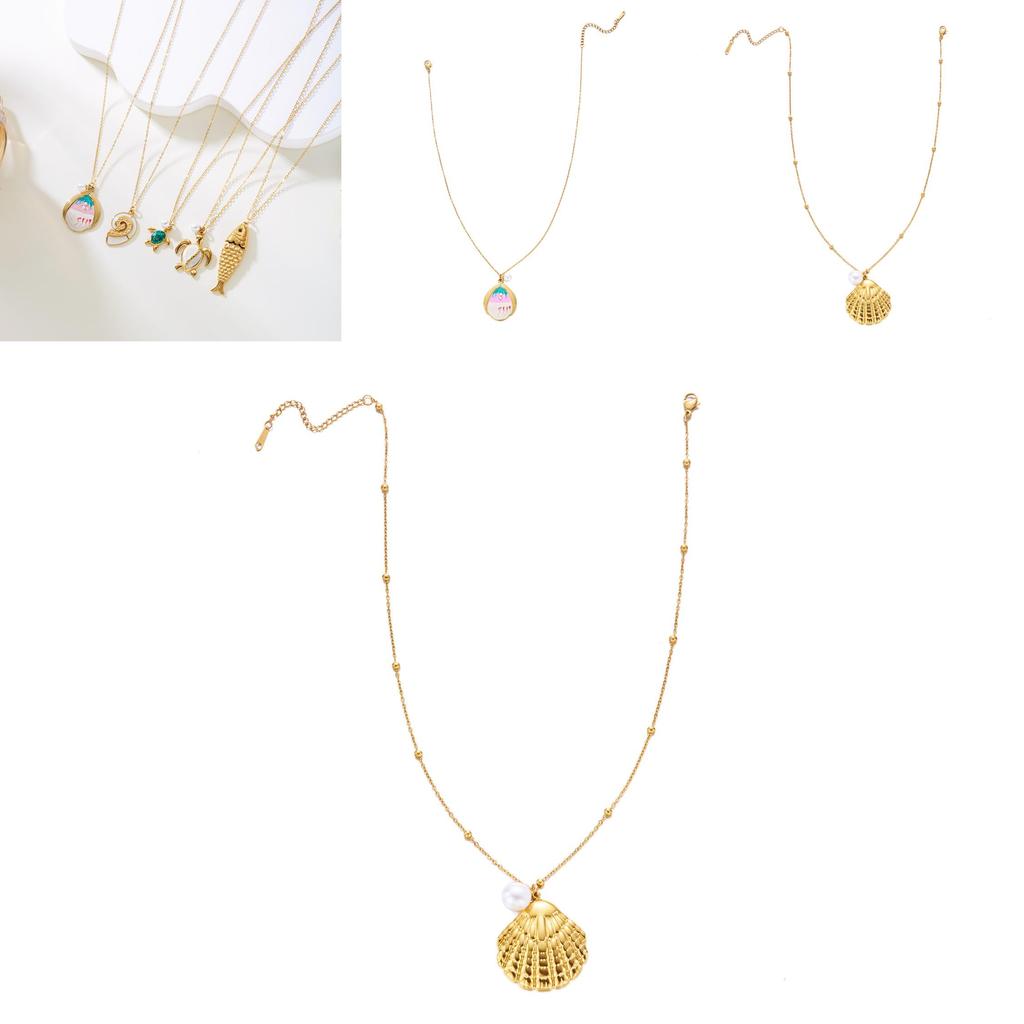 Ocean Style Stainless Steel Necklace With Shell Beads And Animal For Women And Men