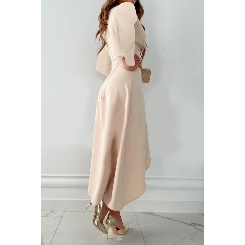 Autumn and Winter Long-sleeved V-neck Pleated Hem Split Dress, Ladies High-waisted Temperament Holiday Conference Evening Dress Elegant ST22117
